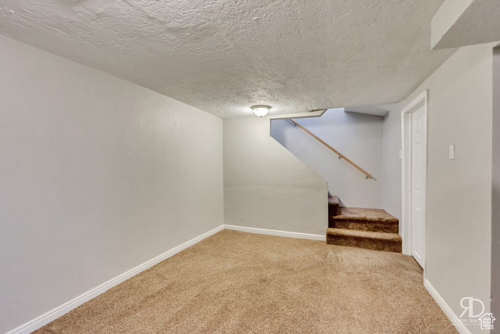 Basement featuring carpet floors and a textured ceiling