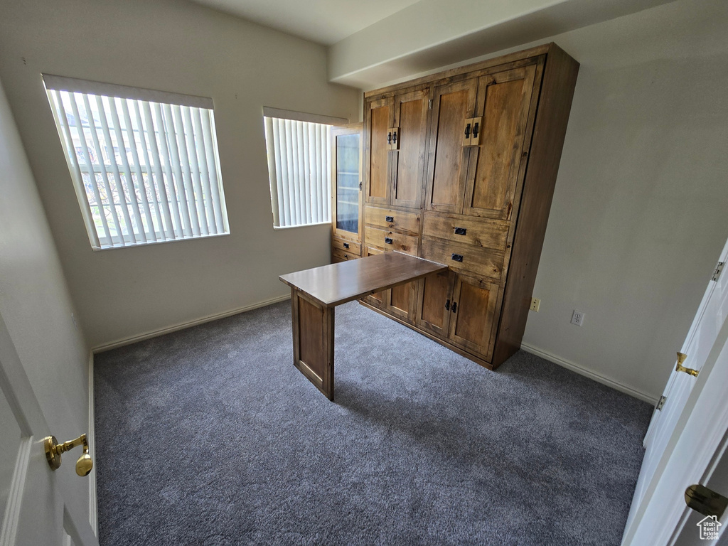 Unfurnished office featuring dark colored carpet, a healthy amount of sunlight, and baseboards