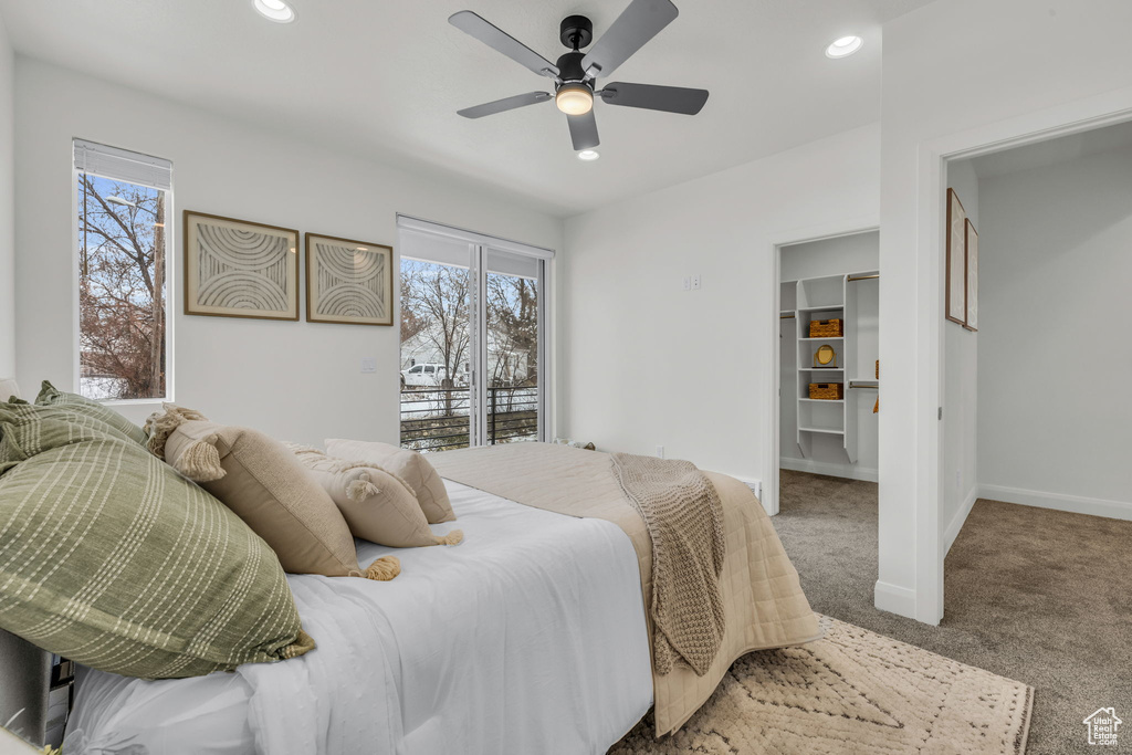 Bedroom with ceiling fan, recessed lighting, baseboards, carpet, and a walk in closet
