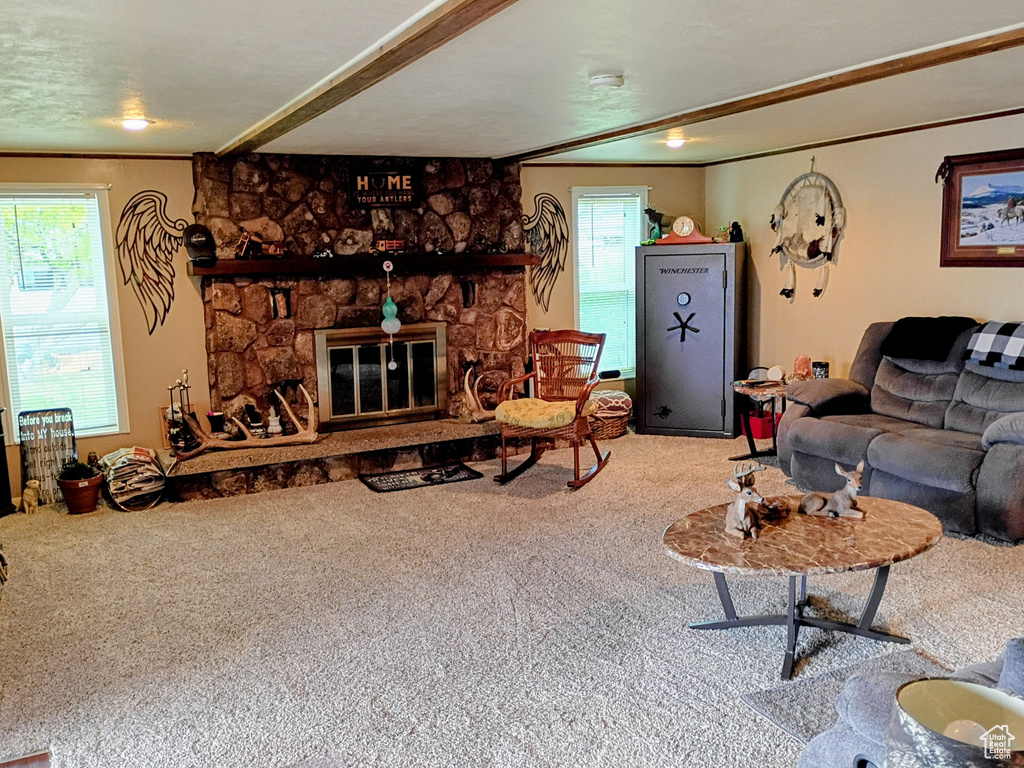 Living area with a fireplace, carpet, and ornamental molding