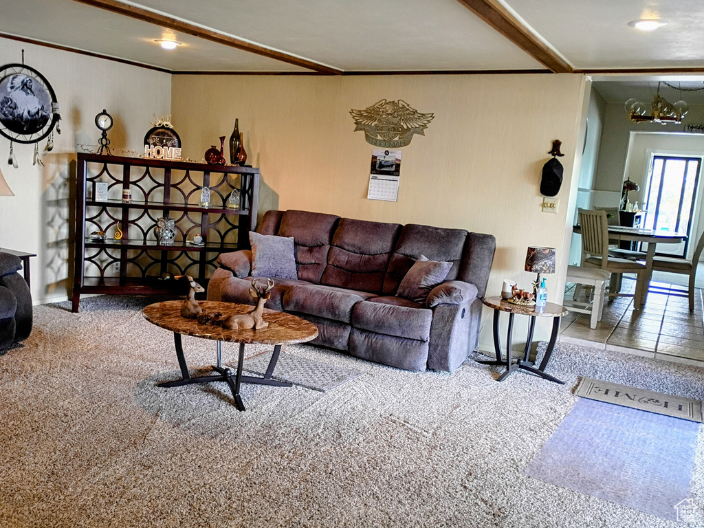 Living room featuring a chandelier