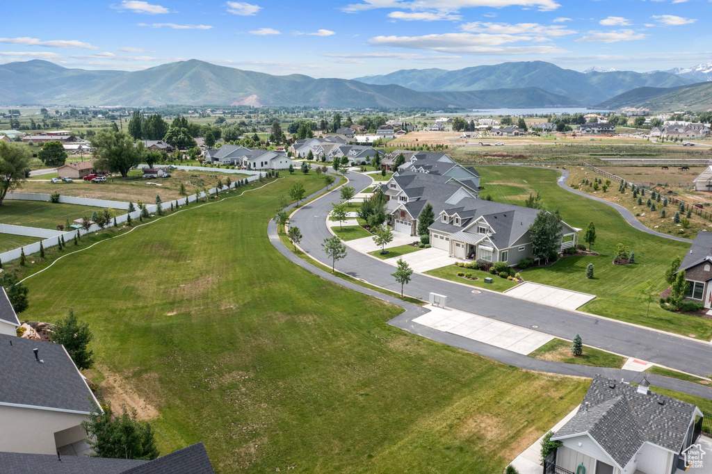 Birds eye view of property with a mountain view and a residential view
