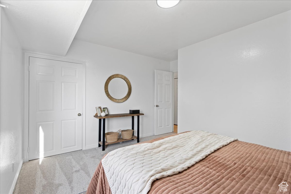 Bedroom with light colored carpet