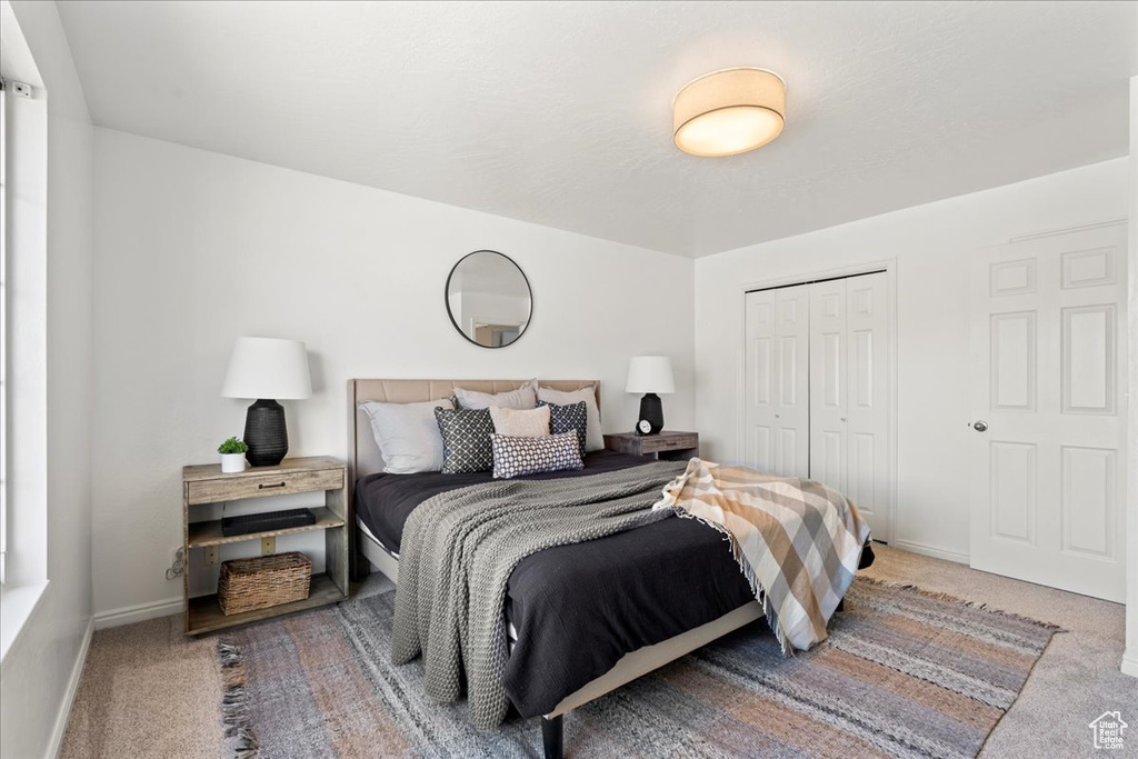 Carpeted bedroom featuring a closet