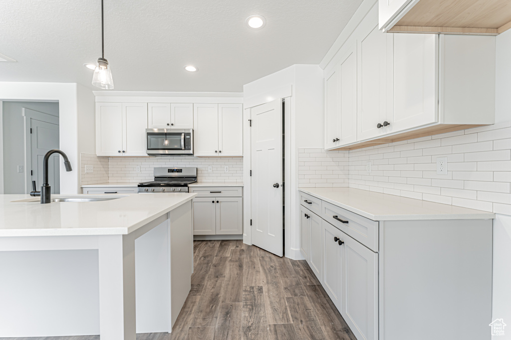 Kitchen with appliances with stainless steel finishes, a sink, wood finished floors, light countertops, and recessed lighting