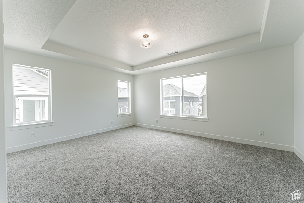 Unfurnished room featuring a tray ceiling, carpet flooring, baseboards, and a textured ceiling