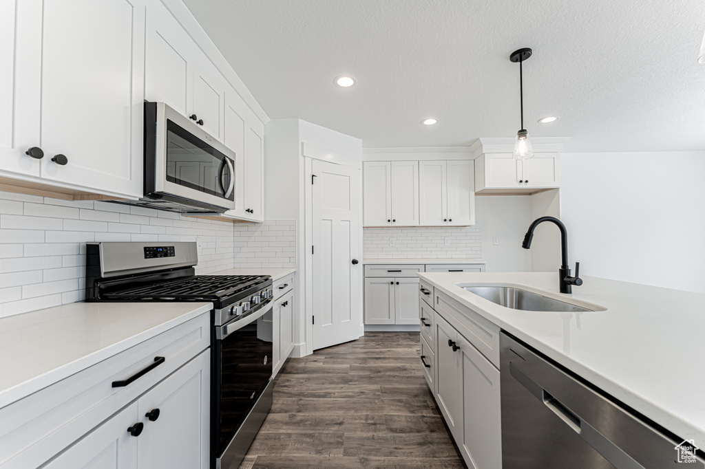 Kitchen featuring stainless steel appliances, a sink, recessed lighting, dark wood-style floors, and white cabinets