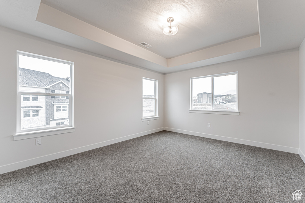 Empty room with visible vents, a raised ceiling, baseboards, and dark colored carpet