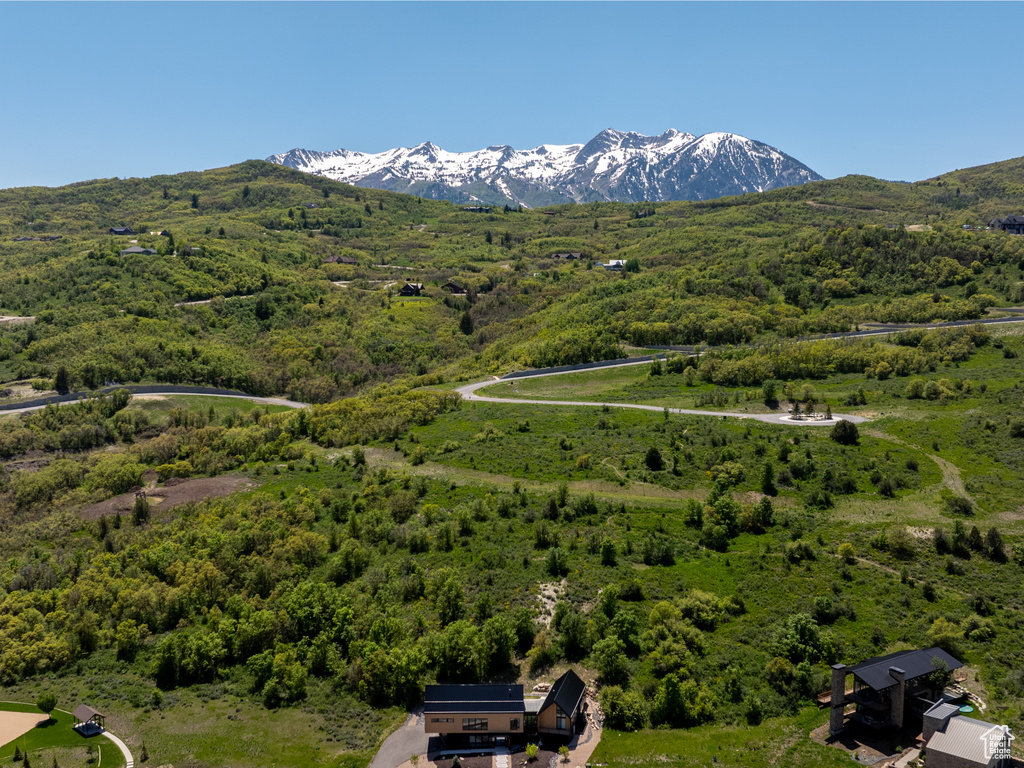 Bird\\\'s eye view of mountains and a heavily wooded area