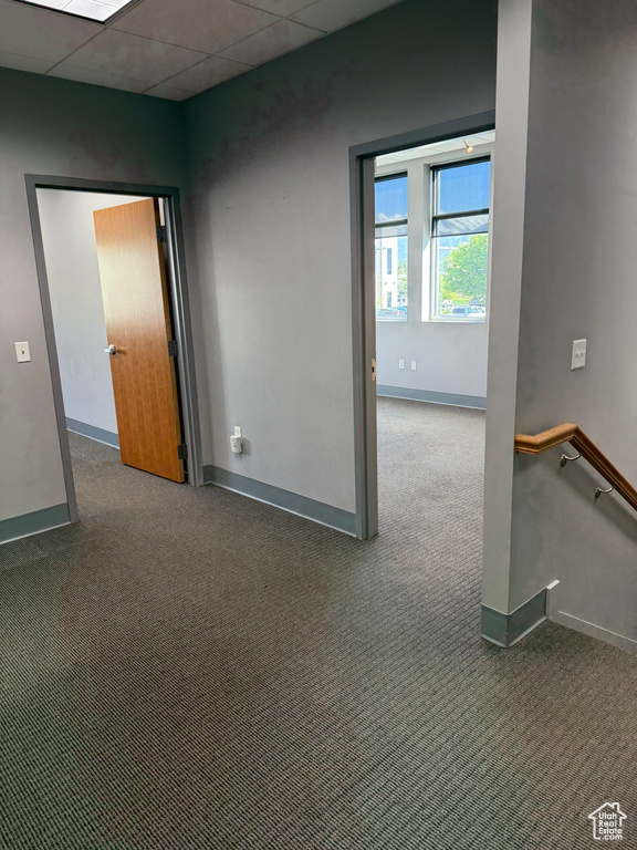 Spare room featuring carpet floors, baseboards, and a drop ceiling