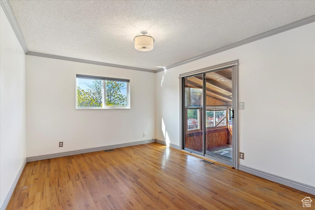 Empty room featuring crown molding, a textured ceiling, and light wood-type flooring