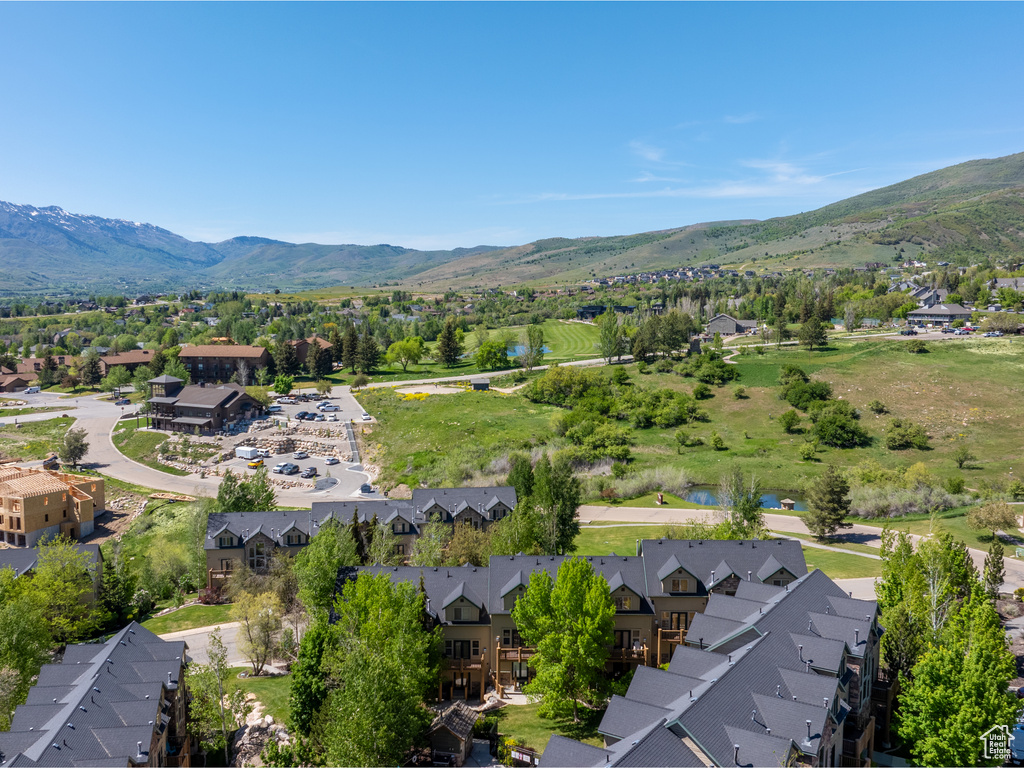 Aerial view of residential area with a mountain backdrop