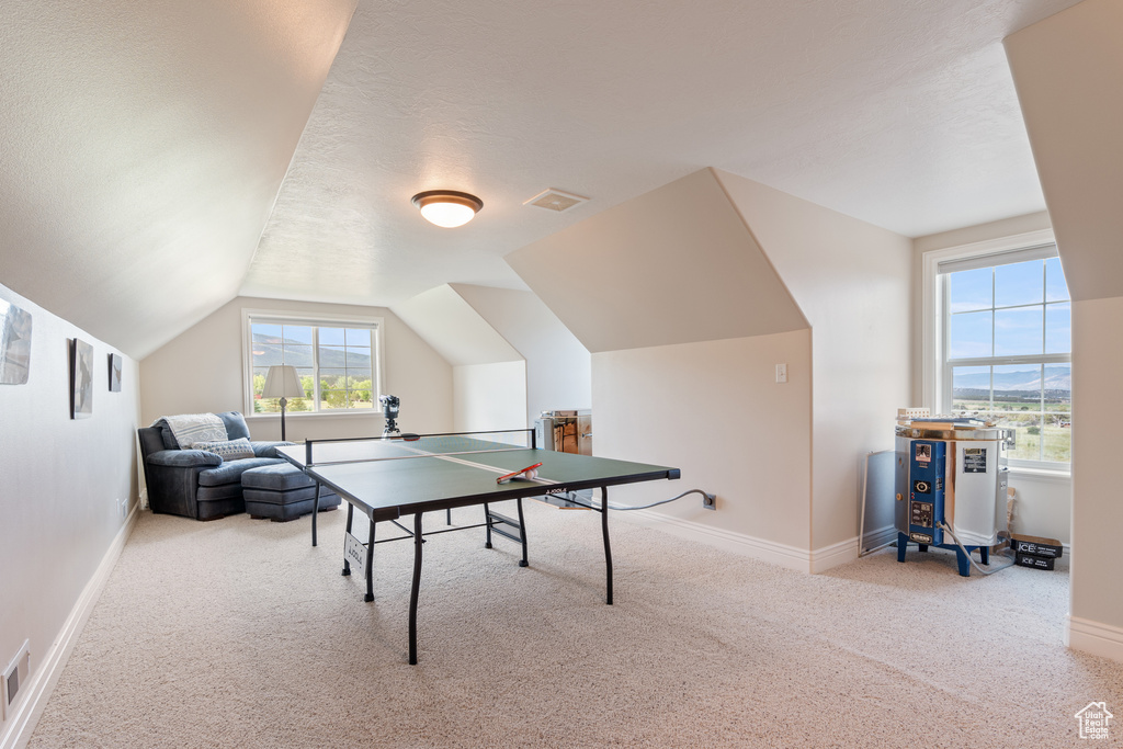 Playroom featuring carpet flooring and vaulted ceiling