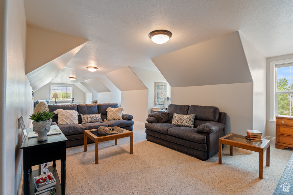 Living room with carpet floors and vaulted ceiling