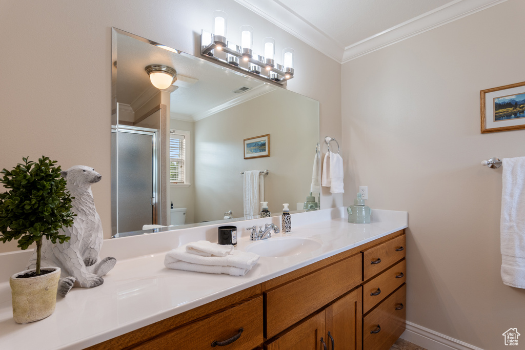 Bathroom featuring crown molding, vanity, and a stall shower