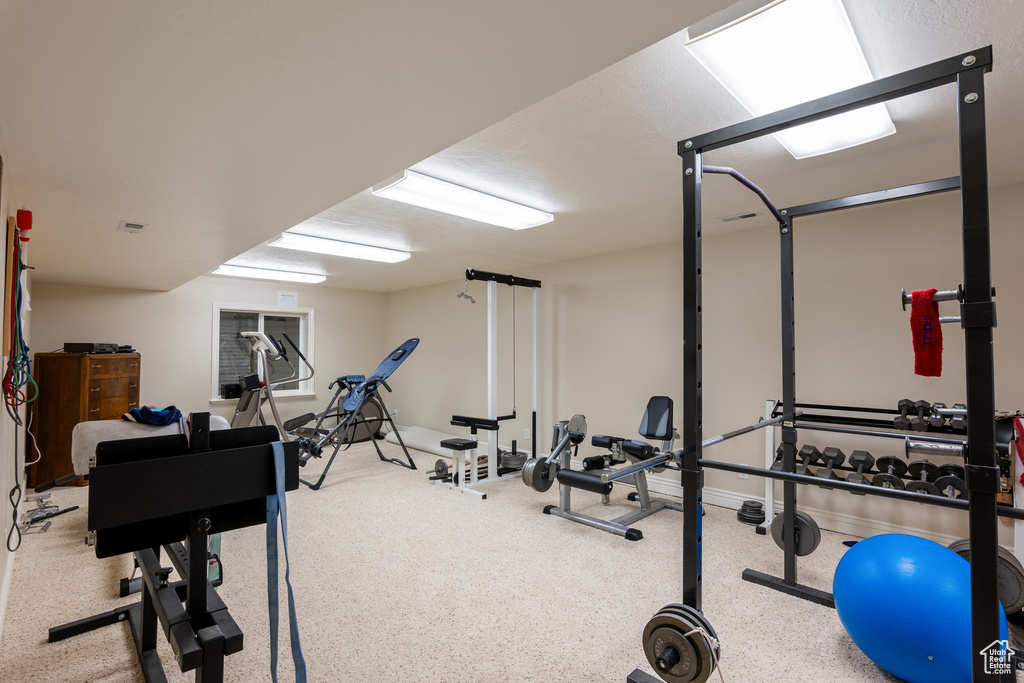 Exercise area featuring carpet flooring