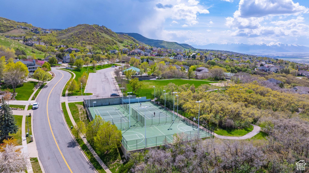 Aerial view featuring a residential view and a mountain view