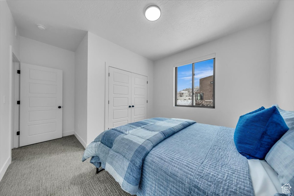 Bedroom featuring baseboards, carpet floors, a textured ceiling, and a closet