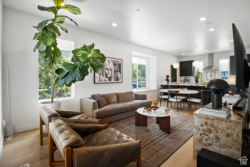 Living room with light hardwood / wood-style flooring