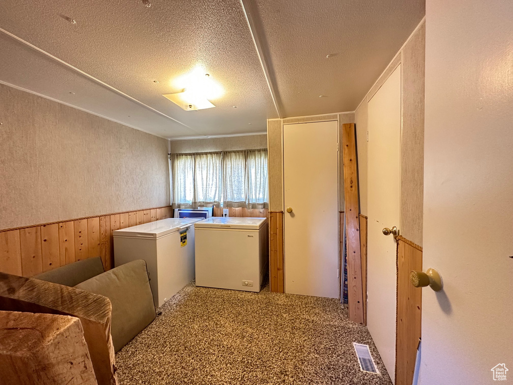 Washroom featuring carpet flooring, wood walls, and washing machine and clothes dryer