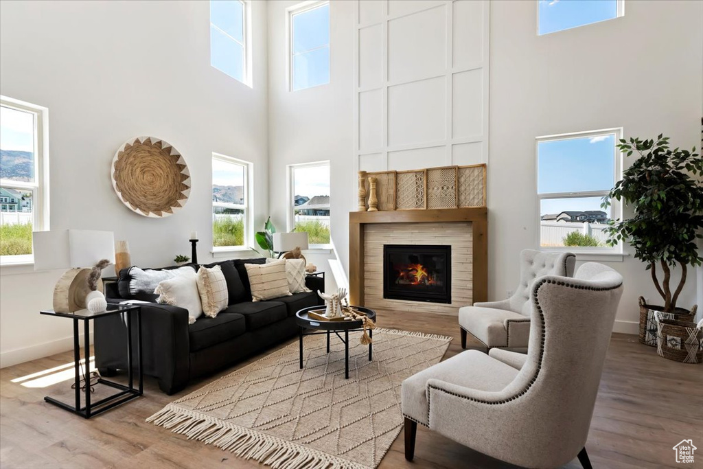 Living room featuring a fireplace, a high ceiling, plenty of natural light, and light hardwood / wood-style flooring