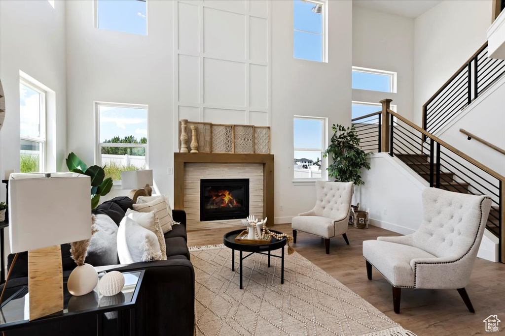 Living room featuring a towering ceiling and light hardwood / wood-style flooring