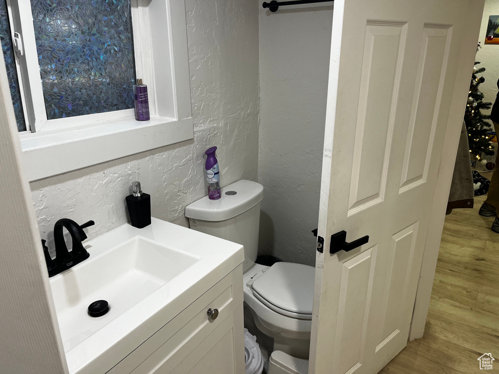 Bathroom with vanity, toilet, and wood-type flooring