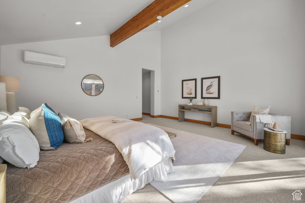 Carpeted bedroom with a wall unit AC and vaulted ceiling with beams