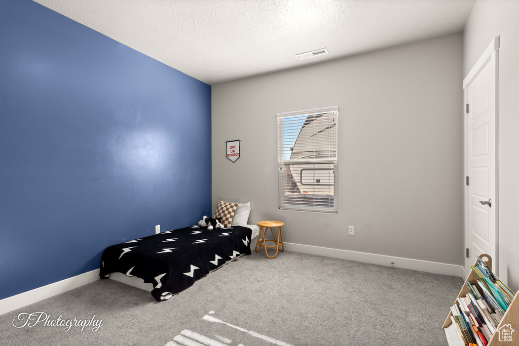 Bedroom with carpet flooring and a textured ceiling