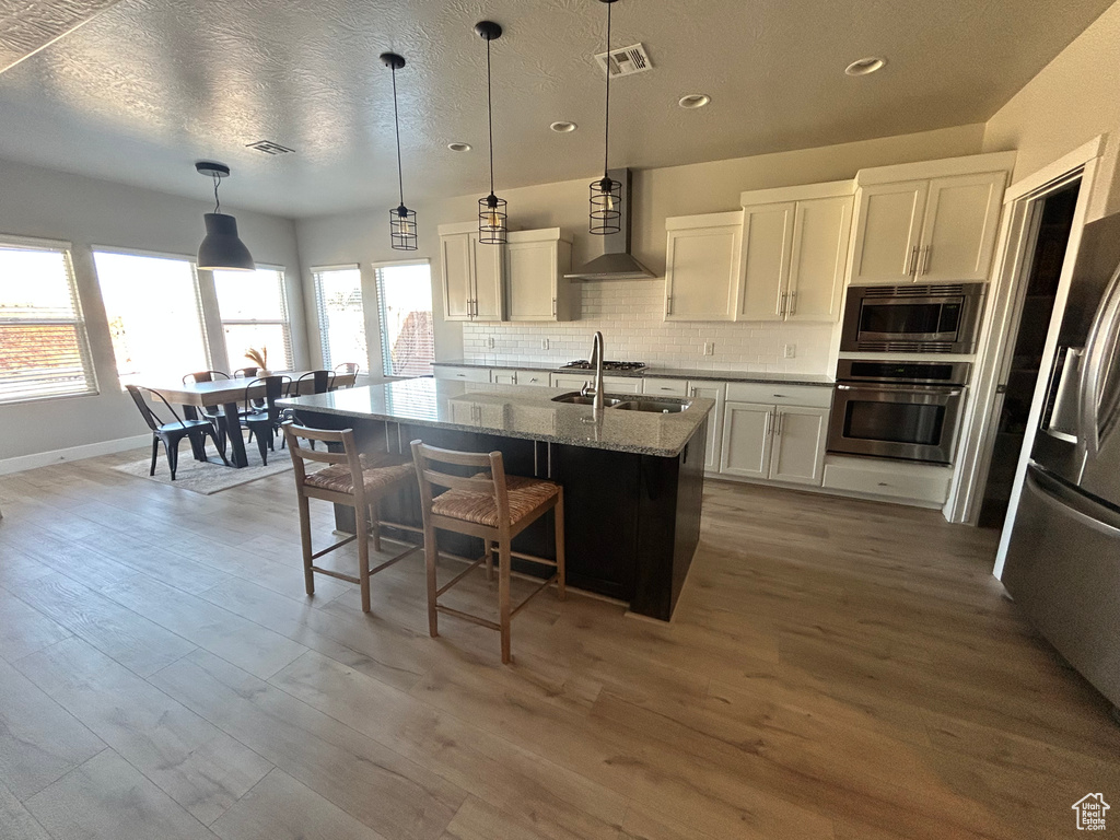 Kitchen featuring appliances with stainless steel finishes, stone countertops, pendant lighting, an island with sink, and white cabinets