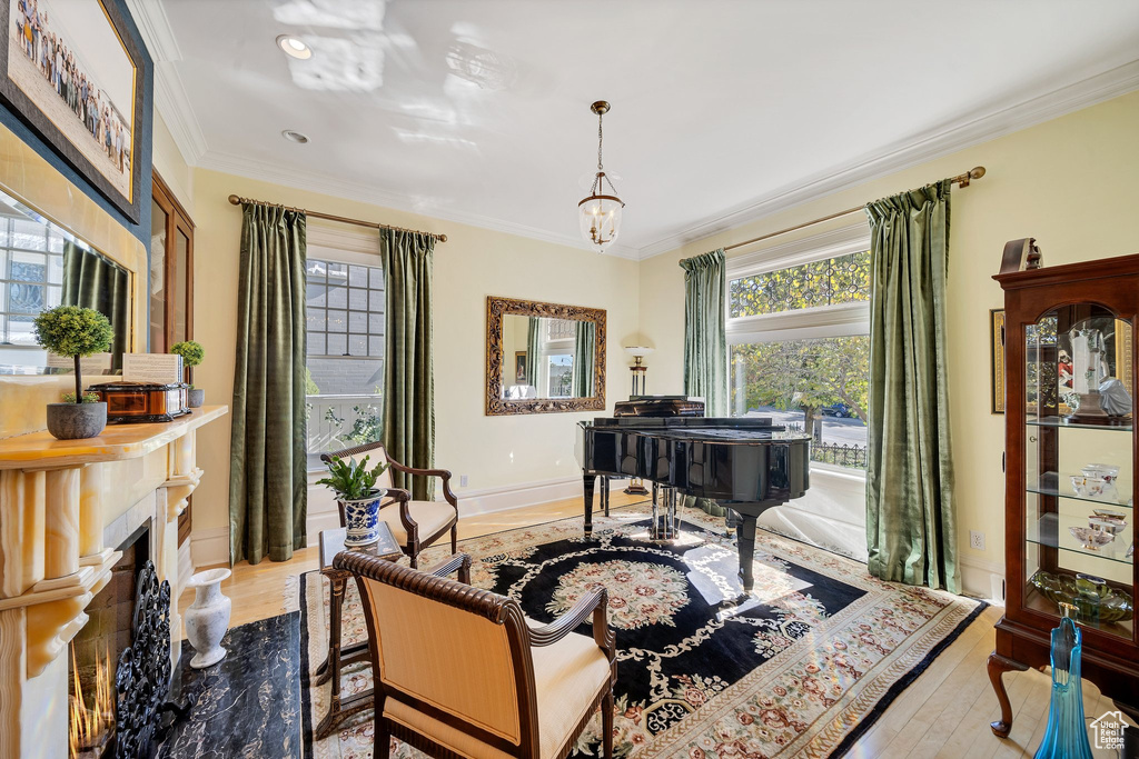 Interior space with light hardwood / wood-style floors, ornamental molding, and a chandelier