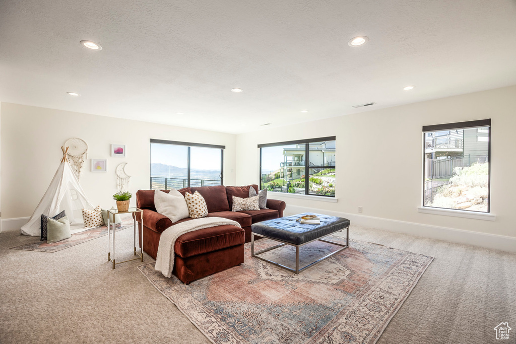 Living room featuring light colored carpet