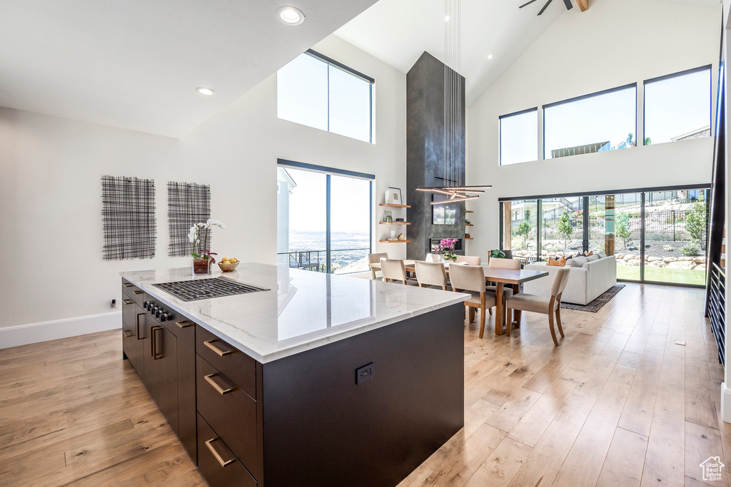 Kitchen with dark brown cabinets, a center island, light hardwood / wood-style floors, and a high ceiling