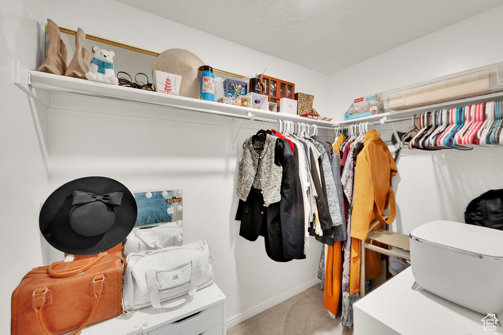 Spacious closet with light colored carpet