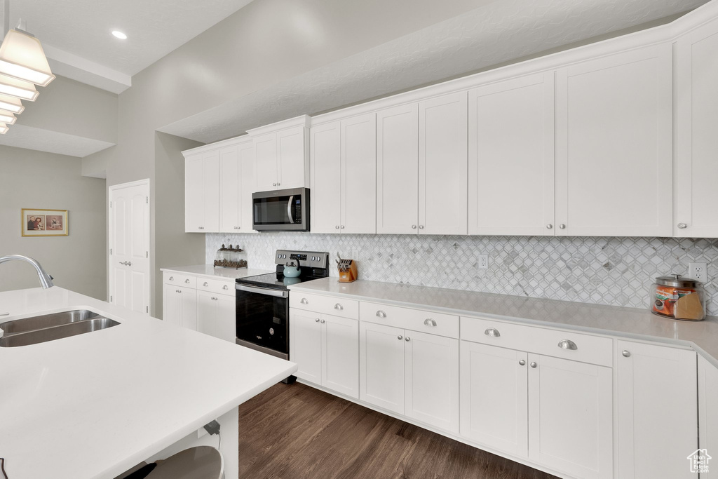 Kitchen with appliances with stainless steel finishes, a sink, backsplash, dark wood-type flooring, and recessed lighting