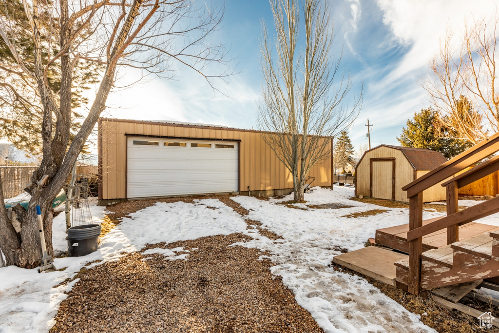View of snow covered garage