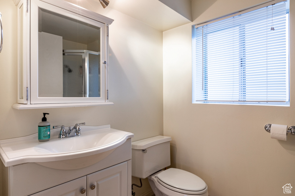 Bathroom featuring vanity, a healthy amount of sunlight, and toilet
