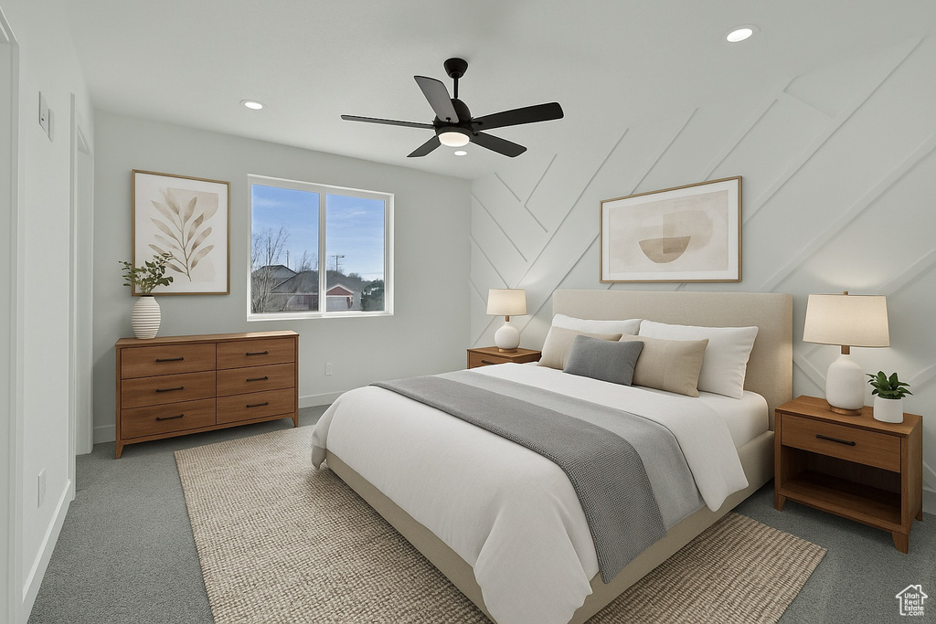 Carpeted bedroom featuring recessed lighting, baseboards, and ceiling fan