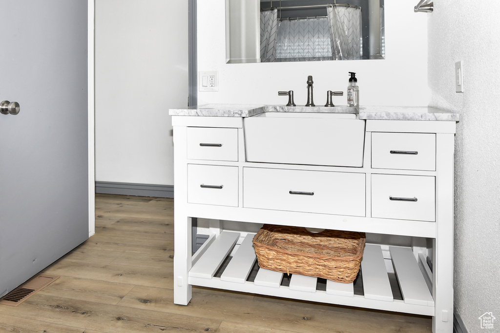 Bathroom featuring walk in shower, vanity, and hardwood / wood-style flooring