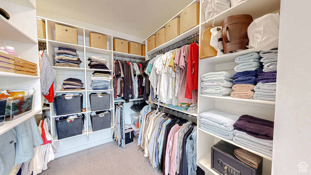 Walk in closet featuring light colored carpet