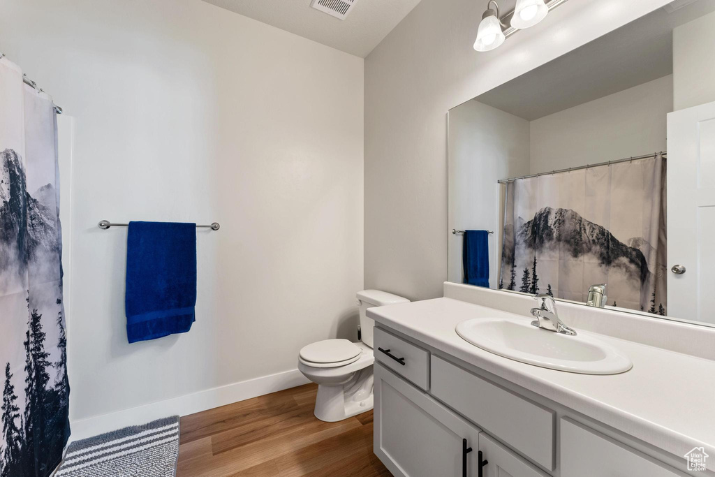 Bathroom with wood-type flooring, vanity, and toilet