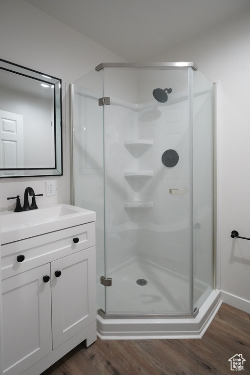 Bathroom with an enclosed shower, vanity, and hardwood / wood-style floors