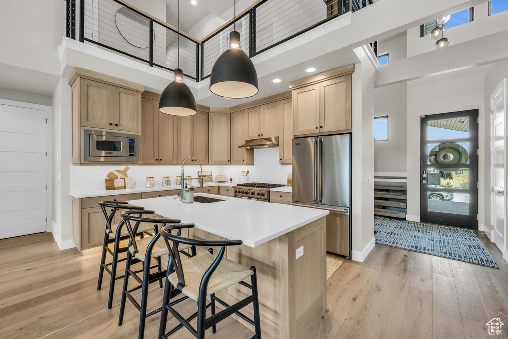 Kitchen with pendant lighting, premium appliances, an island with sink, a towering ceiling, and sink