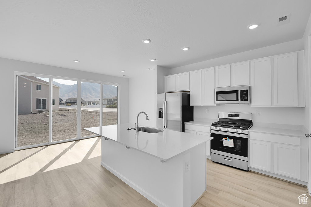 Kitchen with stainless steel appliances, a sink, white cabinetry, light wood-style floors, and recessed lighting