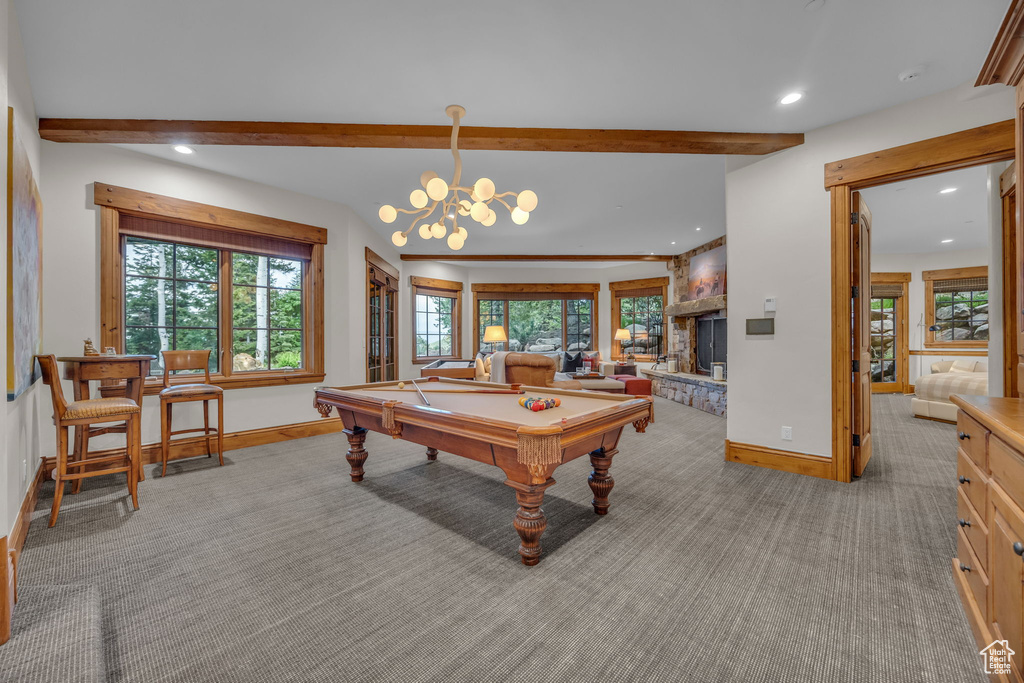 Rec room with carpet floors, recessed lighting, billiards, beam ceiling, and plenty of natural light