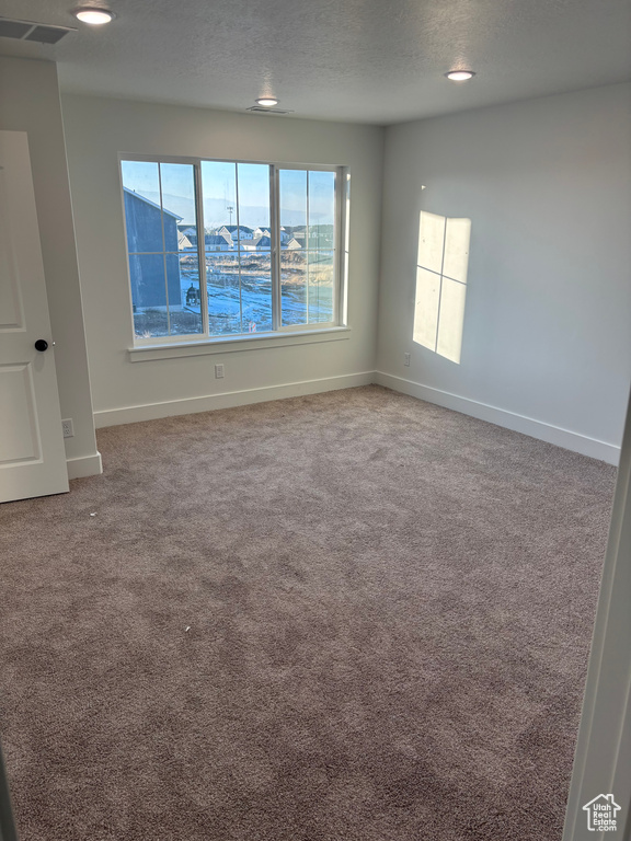 Carpeted empty room with a textured ceiling