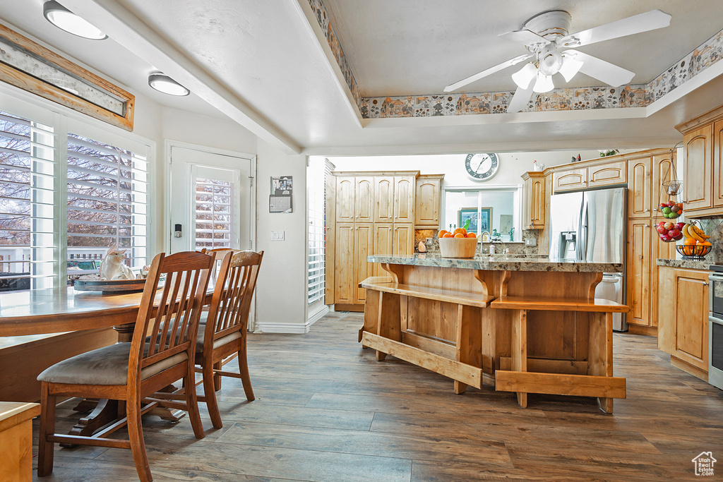 Kitchen featuring dark wood-type flooring, a raised ceiling, ceiling fan, tasteful backsplash, and stainless steel appliances