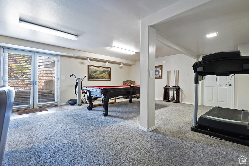 Recreation room with carpet and billiards