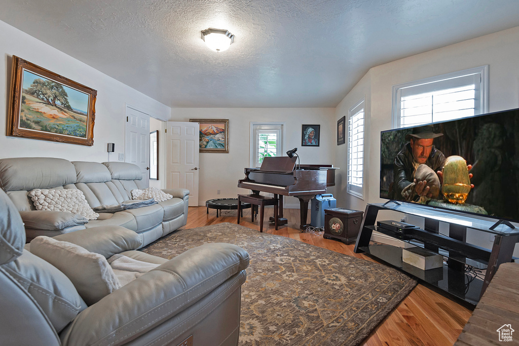 Living room with wood-type flooring and a textured ceiling