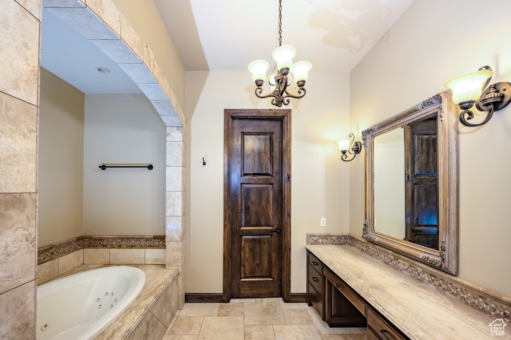 Bathroom with a relaxing tiled tub